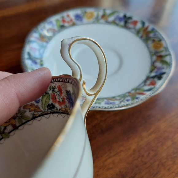 Antique Aynsley Fine China Teacup And Saucer Floral Hummingbird 1910 HAS CRACK - Picture 9 of 9